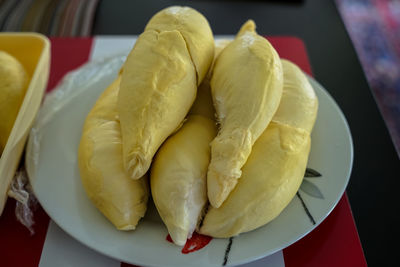 High angle view of fruit in plate on table