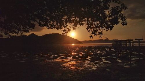 Silhouette trees by lake against sky during sunset