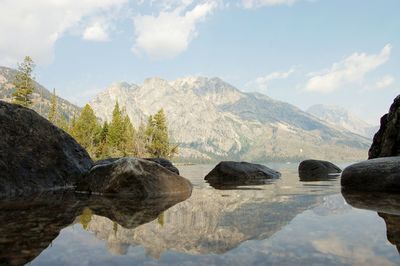 Scenic view of lake and mountains against sky