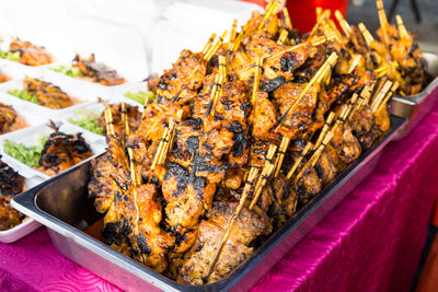 High angle view of meat on barbecue grill