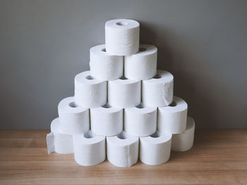 High angle view of stack on table
