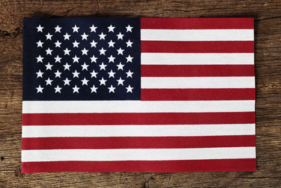 High angle view of american flag on wooden table
