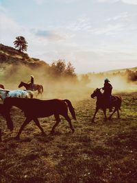 Men riding horse on field against sky