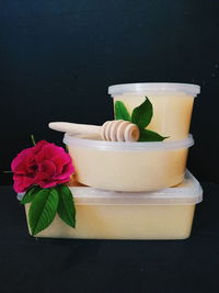 Close-up of roses in pot on table against black background