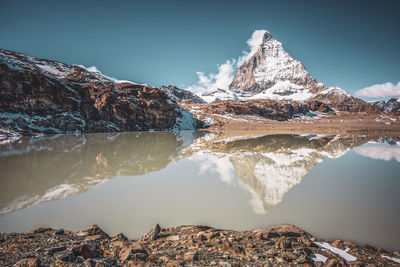 Scenic view of lake and snowcapped mountains against sky