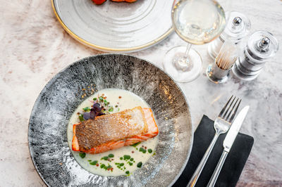 High angle view of food in plate on table