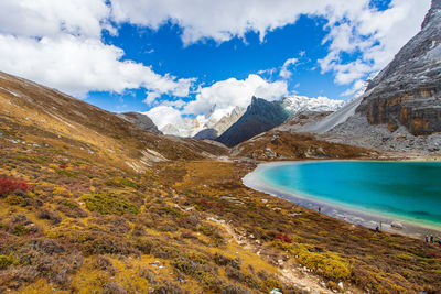 Scenic view of lake by mountains against sky