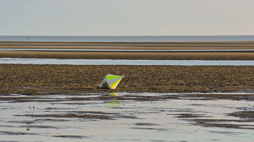 Tidal creek in the wadden sea in front of a sandy beach on the north sea coast in sankt peter-ording