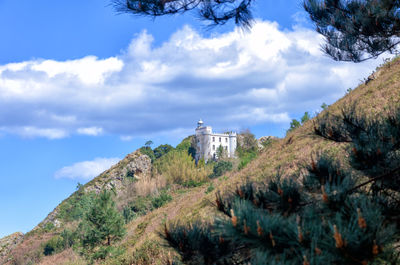 Low angle view of trees and buildings against sky