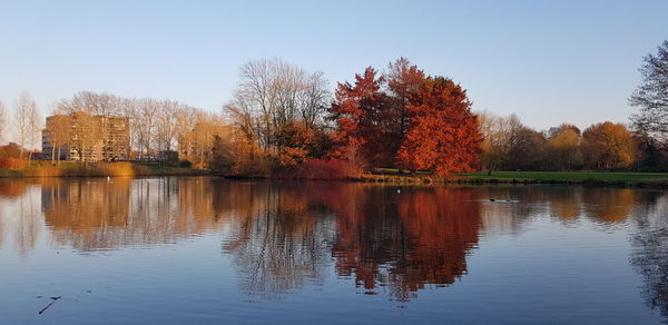 Reflection of trees in lake against sky during autumn