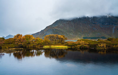 Scenic view of lake and mountains against sky