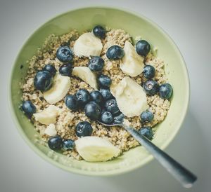 Directly above shot of breakfast cereal in bowl on table