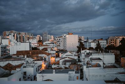 High angle view of buildings in city during winter