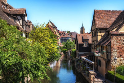 Colmar little venice canal view from saint pierre bridge. famous travel destination in colmar.