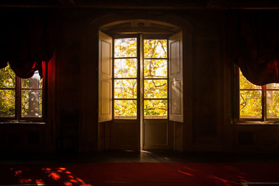 Trees seen through window of house