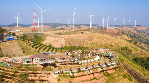 Windmills station electric energy on the mountain and camping at khoako thailand 