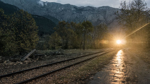 Railroad tracks amidst trees and mountains against sky