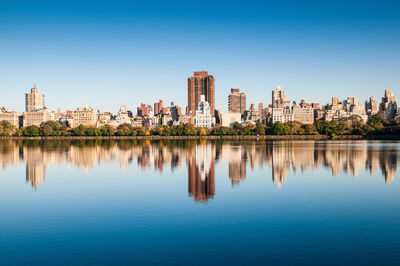 Scenic view of lake by buildings against clear blue sky