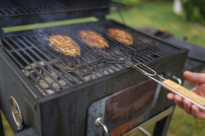 Salmon steaks on grill are coking on the firewood in the backyard.