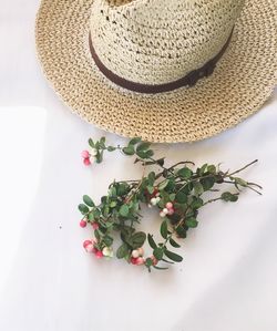 High angle view of hat and plant on white table