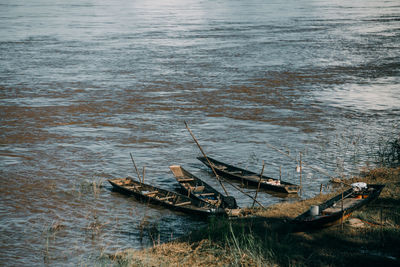 High angle view of abandoned boat in lake