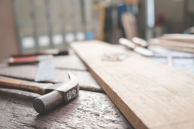 Close-up of old wooden table