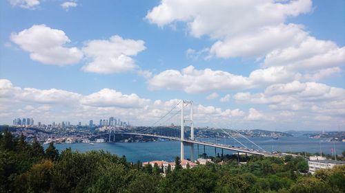 Bridge over river in city against sky