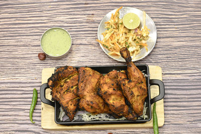 High angle view of food served on table