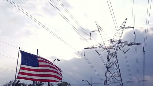 Low angle view of power lines against cloudy sky