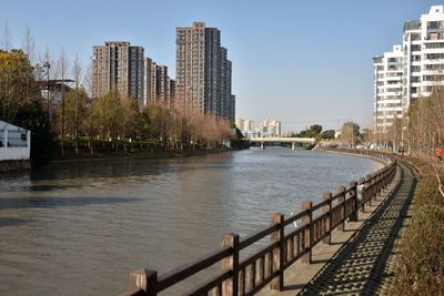 Bridge over river by buildings against clear sky