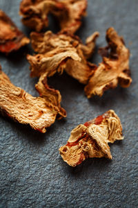 Close-up of dried leaves on table