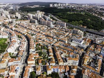 High angle view of buildings in city