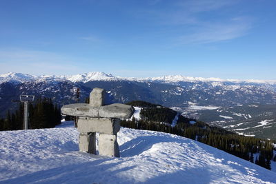 Cross on snow covered mountain against sky