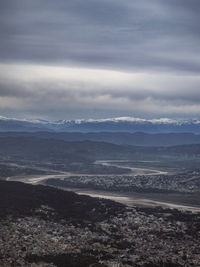 High angle view of land against sky