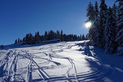 Snow covered field against sky