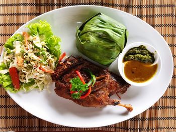 High angle view of food in plate on table