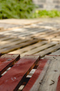 Close-up of rusty metal on wood