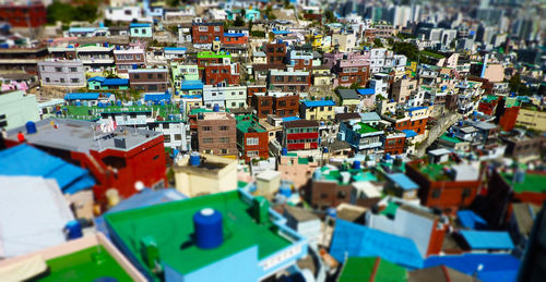 Tilt-shift image of multi colored houses