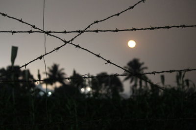 Silhouette of barbed wire against sky at dusk