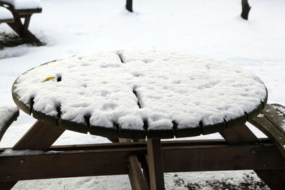 Close-up of snow perching on wood during winter