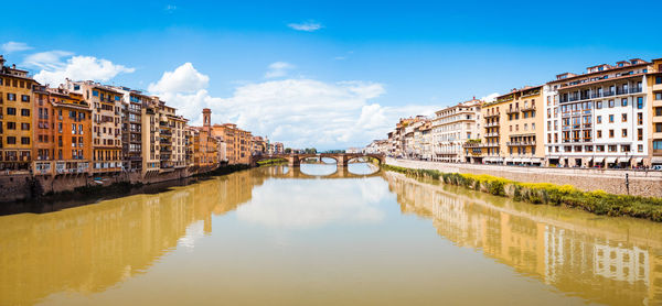 Bridge over canal amidst buildings against sky in city