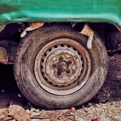 Close-up of abandoned truck on railroad track