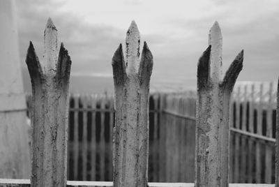 Close-up of wooden fence on field against sky