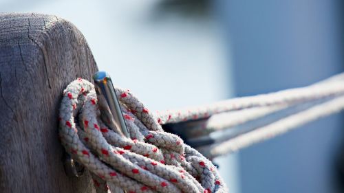 Close-up of rope tied on wooden post