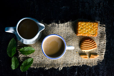 High angle view of breakfast served on table