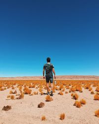 Silhouette of woman standing against clear blue sky