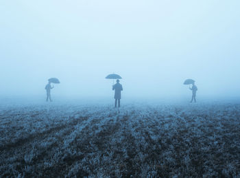 People on field during foggy weather