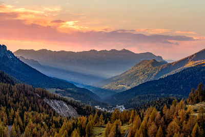 Scenic view of mountains against sky during sunset