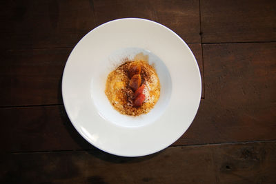 High angle view of breakfast served on table
