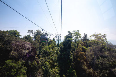 Low angle view of overhead cable car against sky